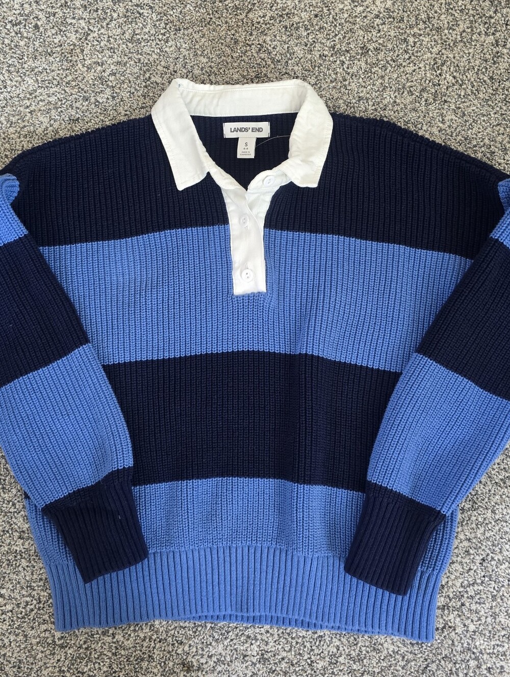 Lands' End Women's Blue Stripe Drifter Rugby Woven Collar Sweater Size Small